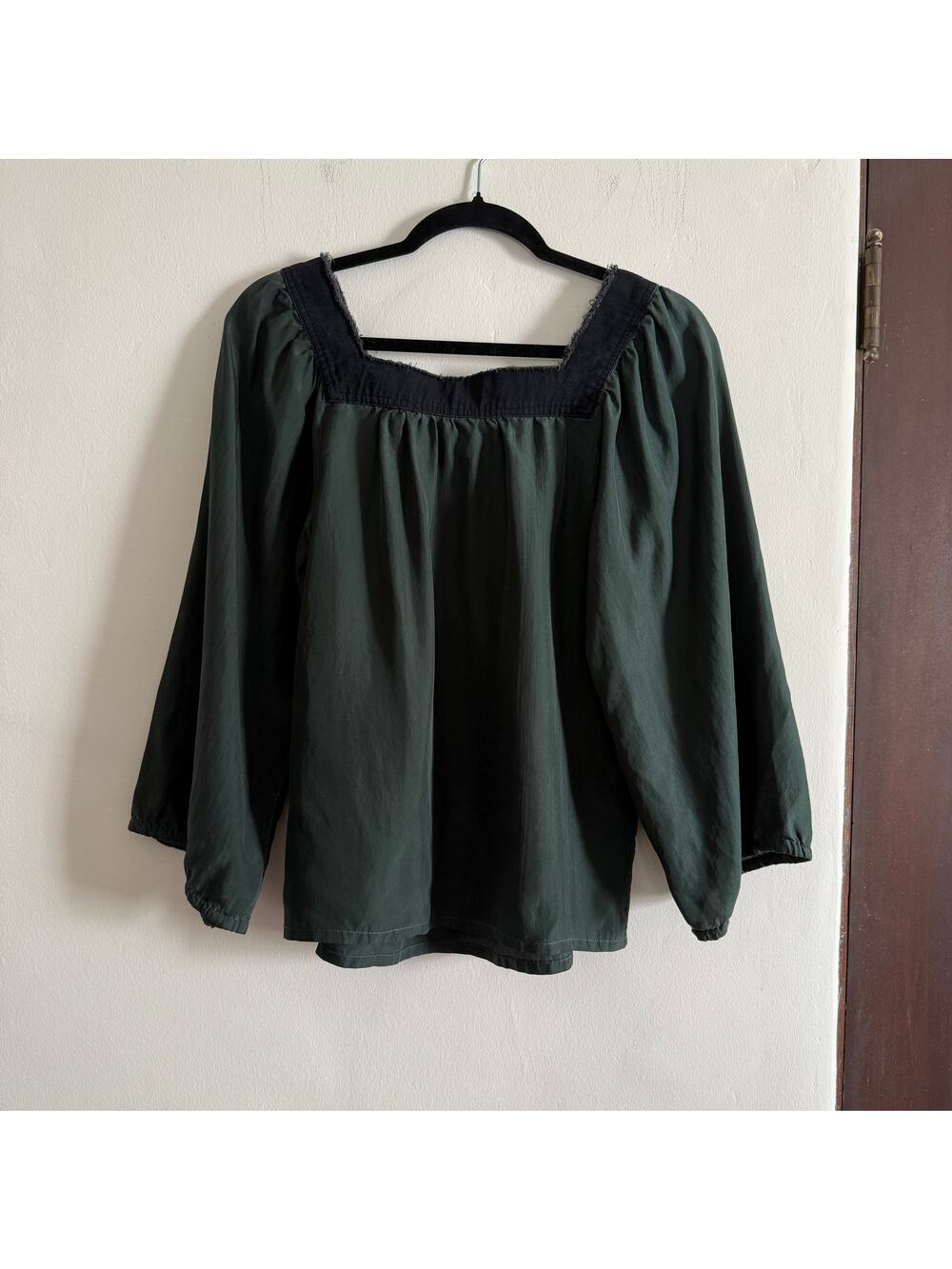 CLOSED | Vintage Hunter Green Silk and Black Denim Peasant Top | Small